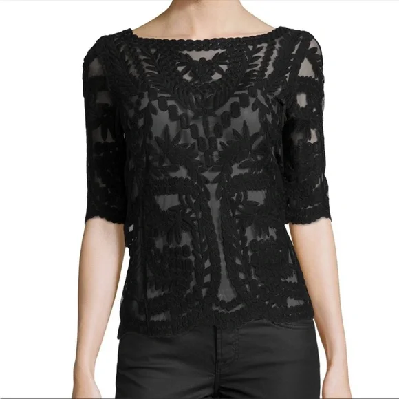 Laundry By Shelli Segal Black Mesh Lace Short Sleeve Top - Picture 1 of 10